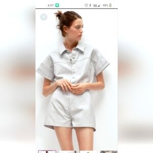 Zara shimmer denim jumpsuit romper lapel collared gray sze small button …